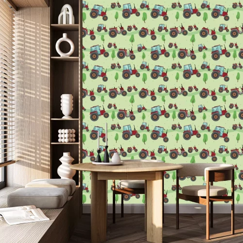 Behang A Seamless pattern with a red tractor and trees on a green background, flat vector stock illustration for children or boys as a backdrop for printing on fabric, textile or wallpaper