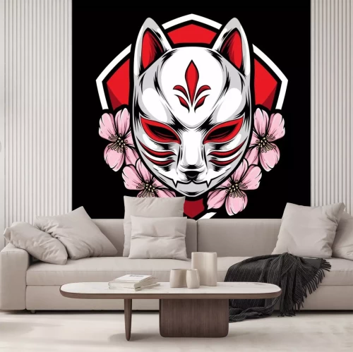Sticker kitsune mask with sakura vector