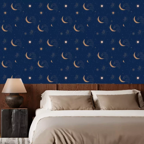 Behang Seamless pattern with woman, moon and stars in one line style. Astrology background. Editable vector illustration