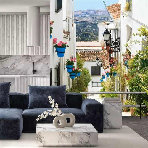 Fotobehang Mooie straat met bloemen. Mijas, Spanje