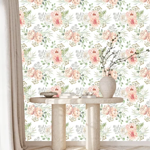 Behang Pastel pioenrozen en rozen aquarel tekenen