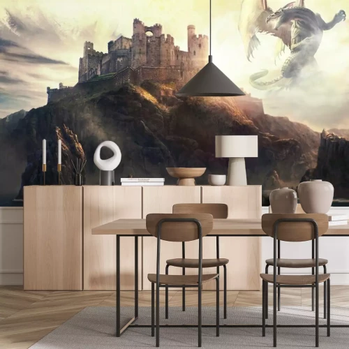 Fotobehang Fantasie draak op een kasteel