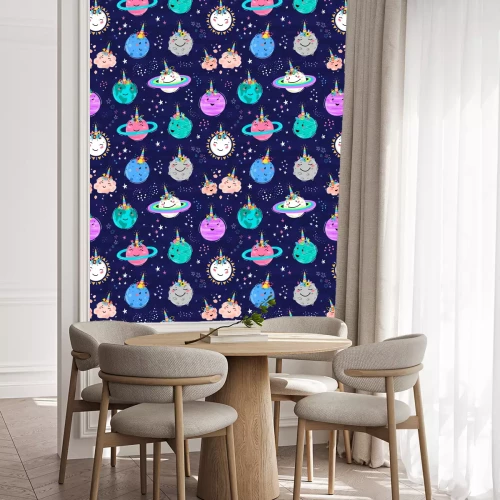 Behang Magic Unicorn Seamless Pattern with Planets, Sun, Meteorite. Cute Planet Smiling Face with Unicorn Horn and Flower Crown. Space Vector Background for Kids t-shirt Print, Nursery Design, Birthday Party