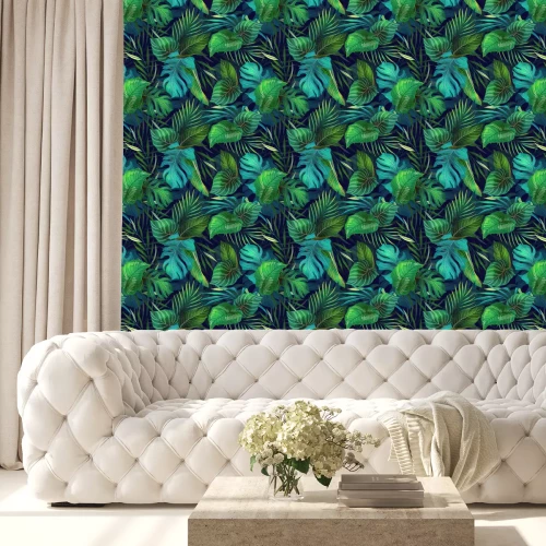 Behang Donker gekleurde tropische bladeren