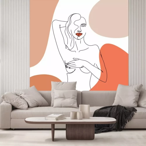 Fotobehang Een collage van een vrouwenlichaam getekend met één lijn.