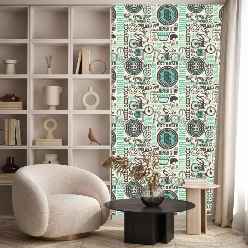 Behang Vector typographic bicycle seamless pattern or background in black, teal and beige colors. Bike shop, service, mountain and road biking icons and design pieces