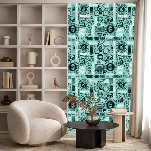 Behang Vector bicycle seamless pattern or background in black, teal and white colors. Bike shop, club and service badges, mountain and road biking icons and design elements