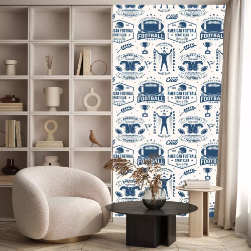 Behang American football seamless pattern, background. Vector. Seamless sport pattern with sportsman player, helmet, ball and shoulder pads silhouette. American football sport club texture.