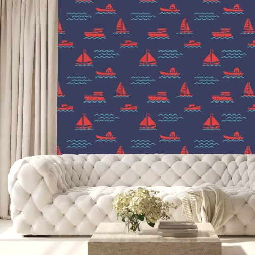 Behang Sailing ship icons pattern. Marine and nautical seamless background. Summer beach seamless pattern vector illustration