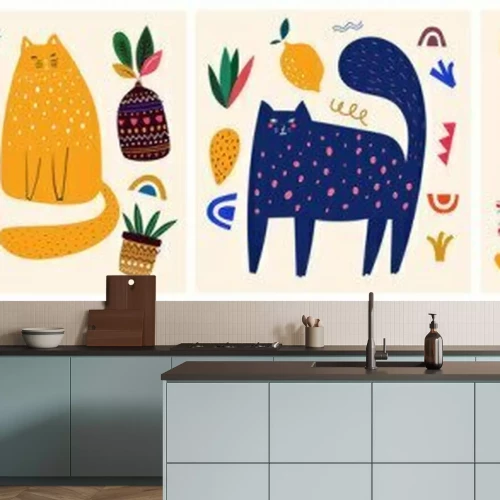 Sticker Cute spring pattern collection with cat. Decorative abstract horizontal banner with colorful doodles. Hand-drawn modern illustrations with cats, flowers, abstract elements