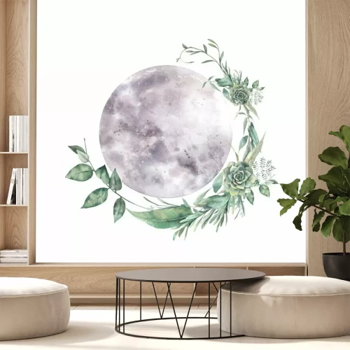 Sticker Watercolor moon and floral wreath. Natural illustration for logo, tattoo, banner, sticker. Isolated art on white background