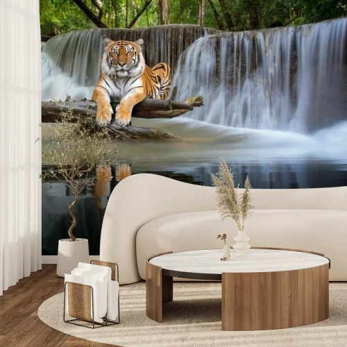 Fotobehang Tijger rust bij een waterval in de jungle
