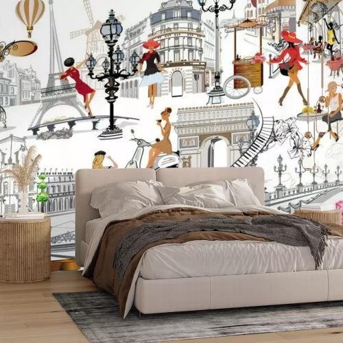 Sticker Set of Paris illustrations with fashion girls, cafes and musicians. Vector illustration.