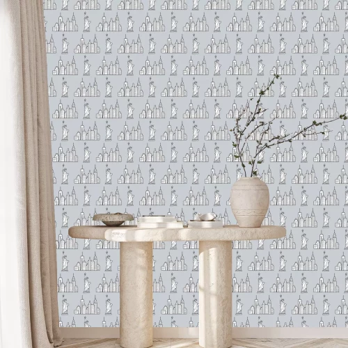 Behang New york pattern with the USA symbols. The Statue of liberty and city buildings line drawing. Seamless background. Urban sketch. Vector