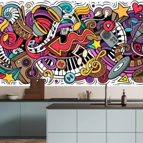 Sticker Music hand drawn cartoon doodles illustration. Colorful vector banner