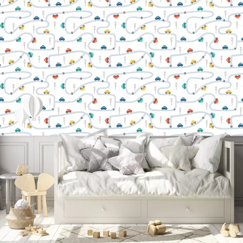 Behang Cute children's seamless pattern with mini cars on a white background. Illustration of a town in a cartoon style for Wallpaper, fabric, and textile design. Vector