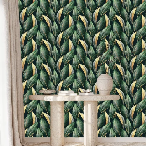 Behang Bladeren van exotische planten op een donkere achtergrond