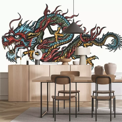 Sticker Сhinese dragon, color tattoo. Old school style. Traditional asian style. China. Ancient mythology and culture