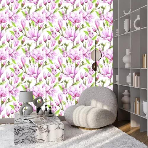 Behang Seamless floral wallpaper with japanese magnolia flowers, watercolor pattern for  spring woman dress.