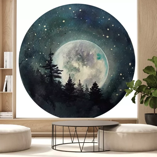 Sticker Watercolor Moon at starry night, galaxy with stars, space and astrology universe illustration.