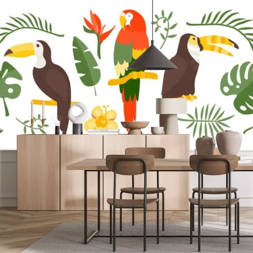 Sticker Vector Tropical set of exotic elements in flat style hand drawn. Palm leaves, tropical plants, flowers, leaves, birds, fruits. Warm summer colors and colorful flat graphics. Stickers, travel