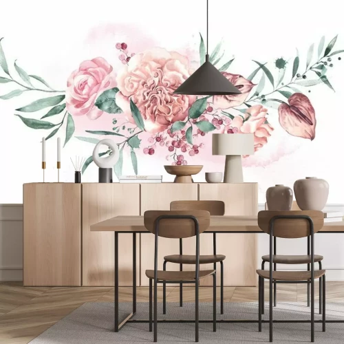 Sticker Watercolor floral arrangement tropical flowers anthurium and garden roses of delicate peach shades.