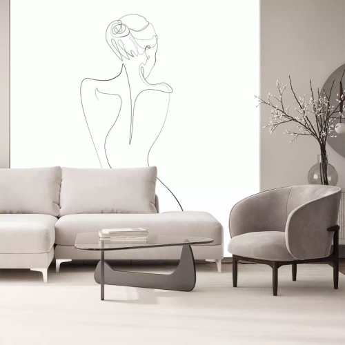 Fotobehang Een minimalistisch silhouet van een achterstevoren staande vrouw, getekend met één lijn.