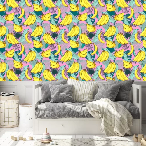 Behang Rozen met bananen in palmbladeren