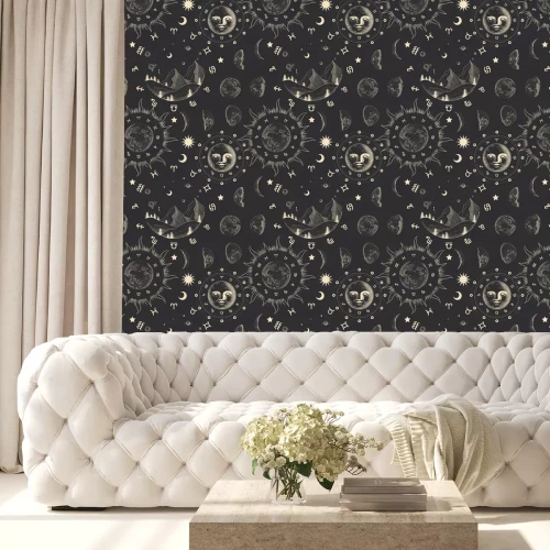 Behang Vector illustration set of moon phases. Different stages of moonlight activity in vintage engraving style. Zodiac Signs