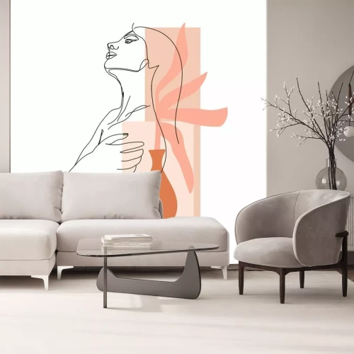 Fotobehang Een vrouwenlichaam getekend in één lijn met abstracte vormen.