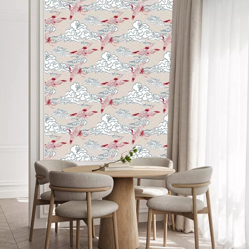 Behang crane birds sky cloud japanese chinese vector design pattern