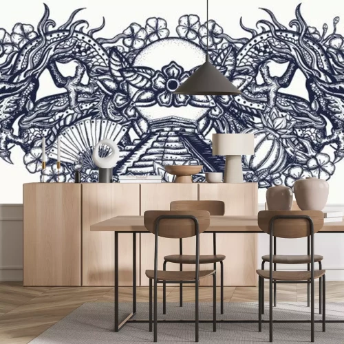 Sticker Сhinese dragons and mayan pyramids, color tattoo. Old school style. Traditional asian style. Ancient mythology and culture