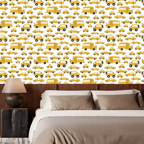Behang Cute children's seamless pattern with yellow cars and bus on a white background. Illustration of a town in a cartoon style for Wallpaper, fabric, and textile design. Vector