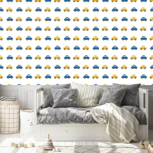 Behang Cute children's seamless pattern with blue and yellow small cars on a light background. Illustration of a automobils in a cartoon style for Wallpaper, fabric, and textile design. Vector