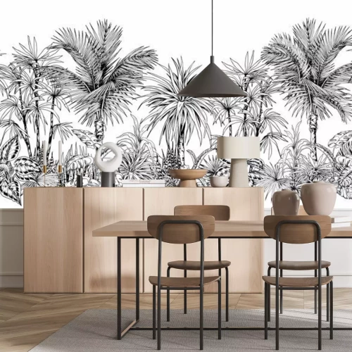 Fotobehang Schets van zwart-witte palmbomen en tropische bladeren