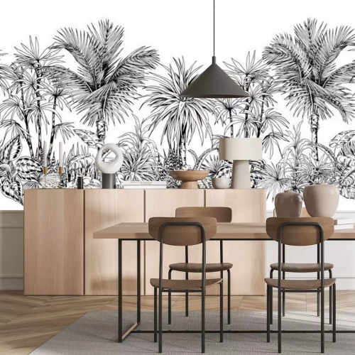 Sticker Schets van zwart-witte palmbomen en tropische bladeren