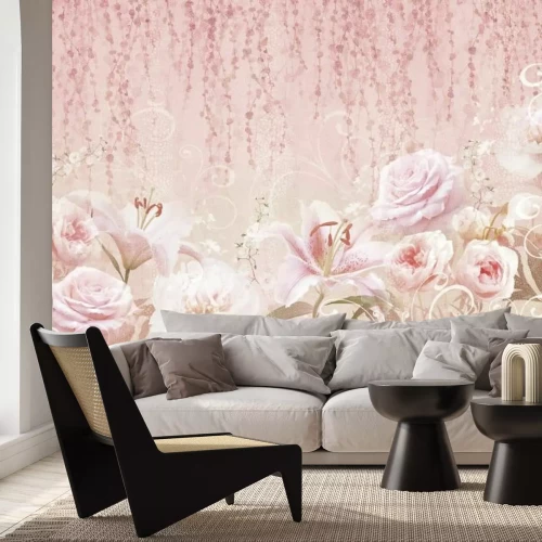 Fotobehang Roze bloemen op een roze decoratieve achtergrond