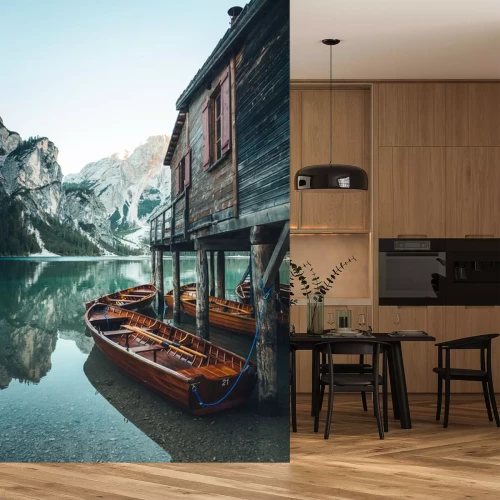 Sticker Boten op het meer in een bergvallei