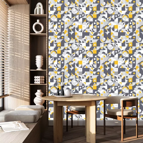Behang Abstract geometrisch grijs en geel motief