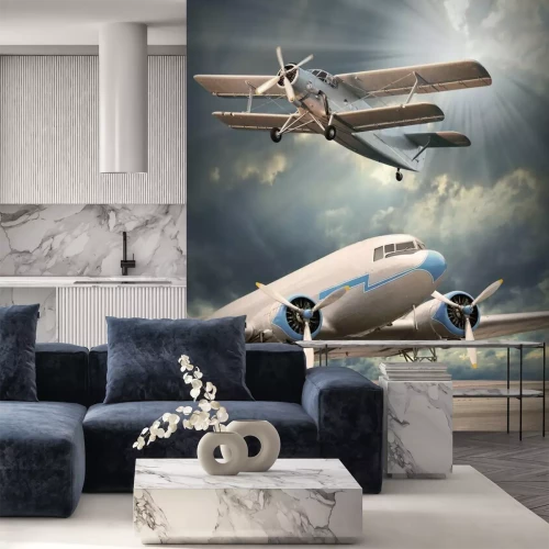 Fotobehang Twee vintage vliegtuigen op de landingsbaan