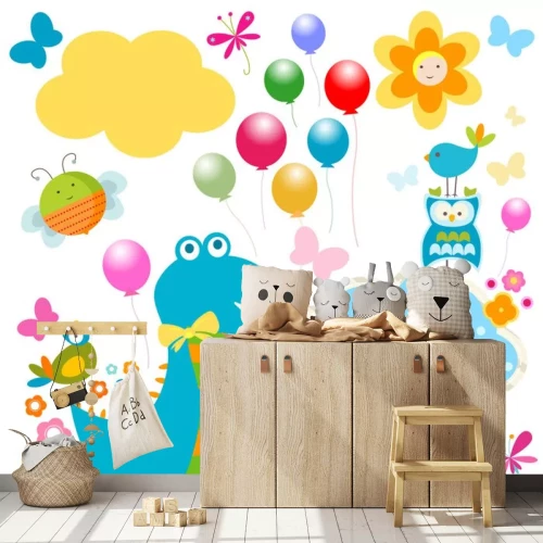 Sticker Een vrolijke blauwe dinosaurus tussen regenboogafbeeldingen