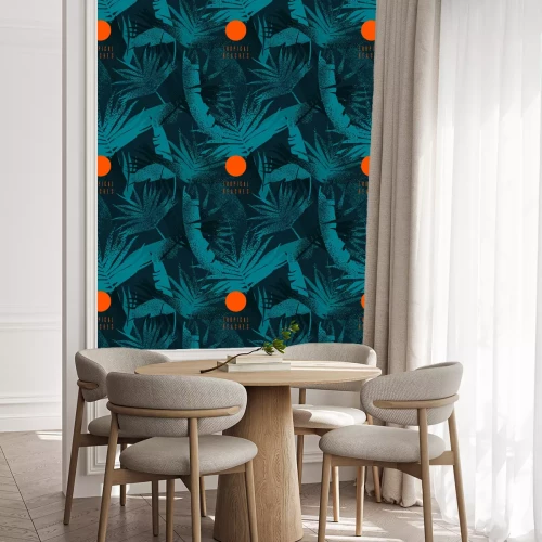 Behang Tropical leaves pattern. Seamless texture with banana leaves and palm tree leaf. Banner for the travel and tourism industry, summer season. Dark blue floral design element.