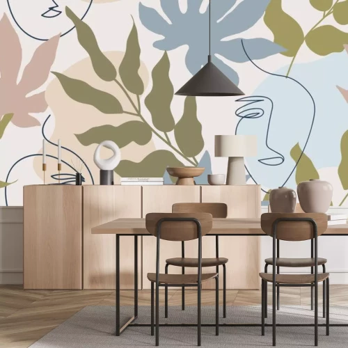 Sticker Abstracte lijn-art gezichten tussen tropische bladeren