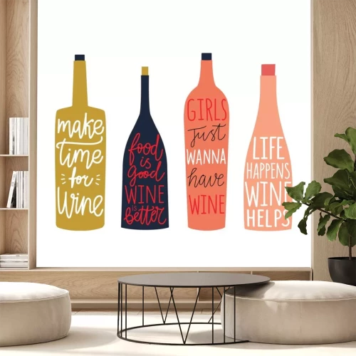 Sticker Vector set with bottles of wine and champagne with lettering and calligraphy quotes.