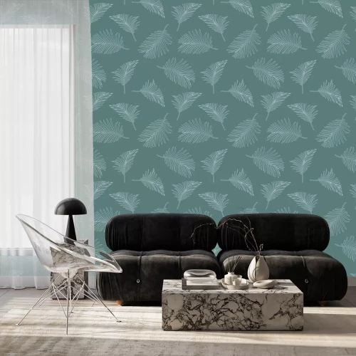 Behang Brede palmbladeren getekend met witte lijn