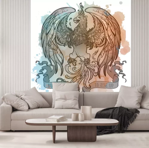 Sticker Colourfull and intricate drawing of the legendary Phoenix bird with a motivation motto. Linear drawing on watercolor grunge textured background. Vintage logo. EPS10 vector illustration