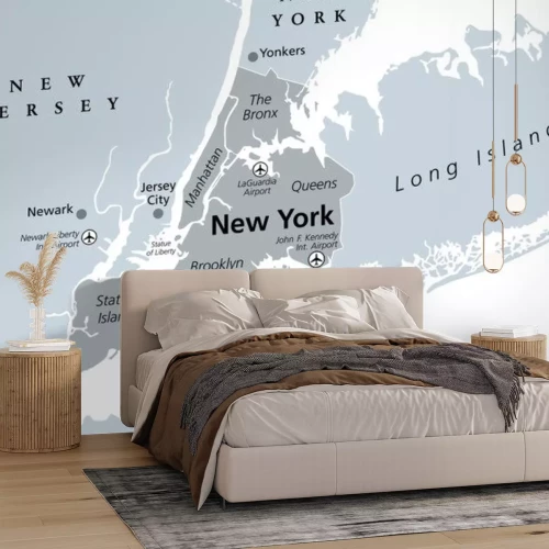 Sticker New York City gray political map. Most populous city in the United States located in the state of New York. Manhattan, Bronx, Queens, Brooklyn and Staten Island. English labeling. Illustration. Vector