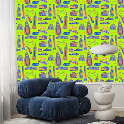 Behang Illustration of seamless pattern New York city landmark with flat design style.