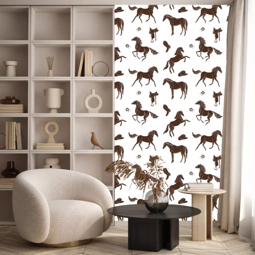 Behang Bruine paarden en hun spullen op een witte achtergrond