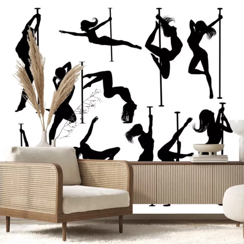 Sticker A set of women pole dancing exercising for fitness in silhouette